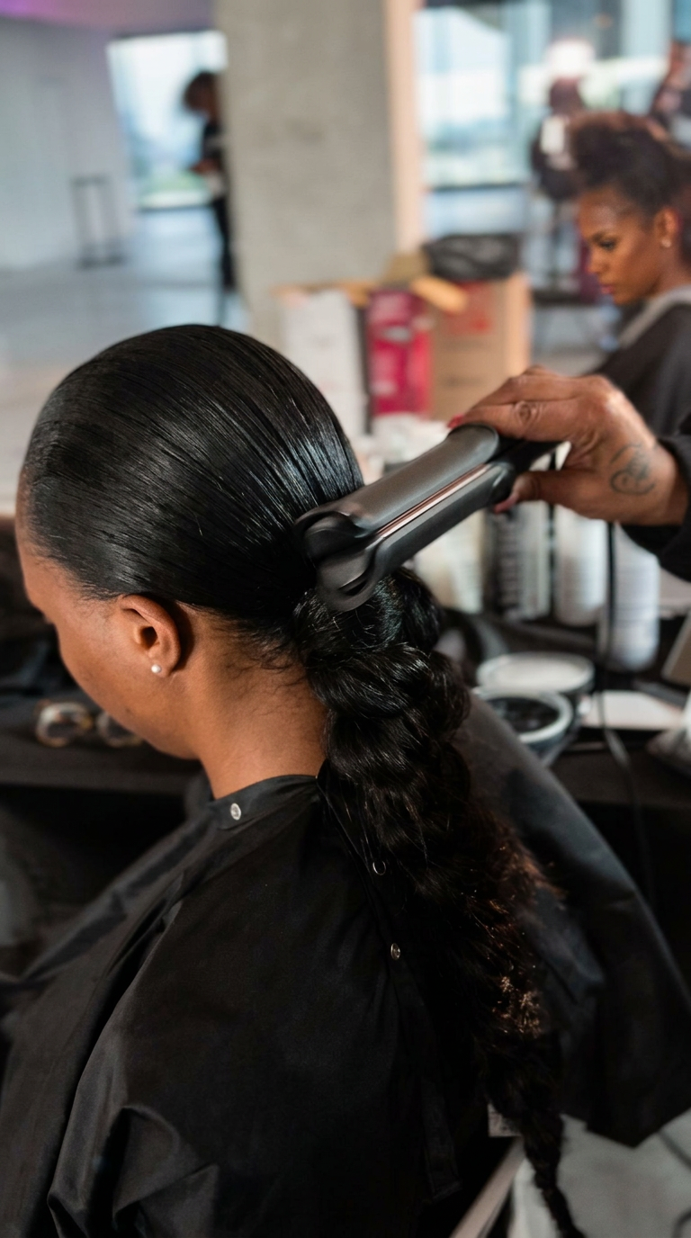 Close view of a sleek ponytail being finished backstage