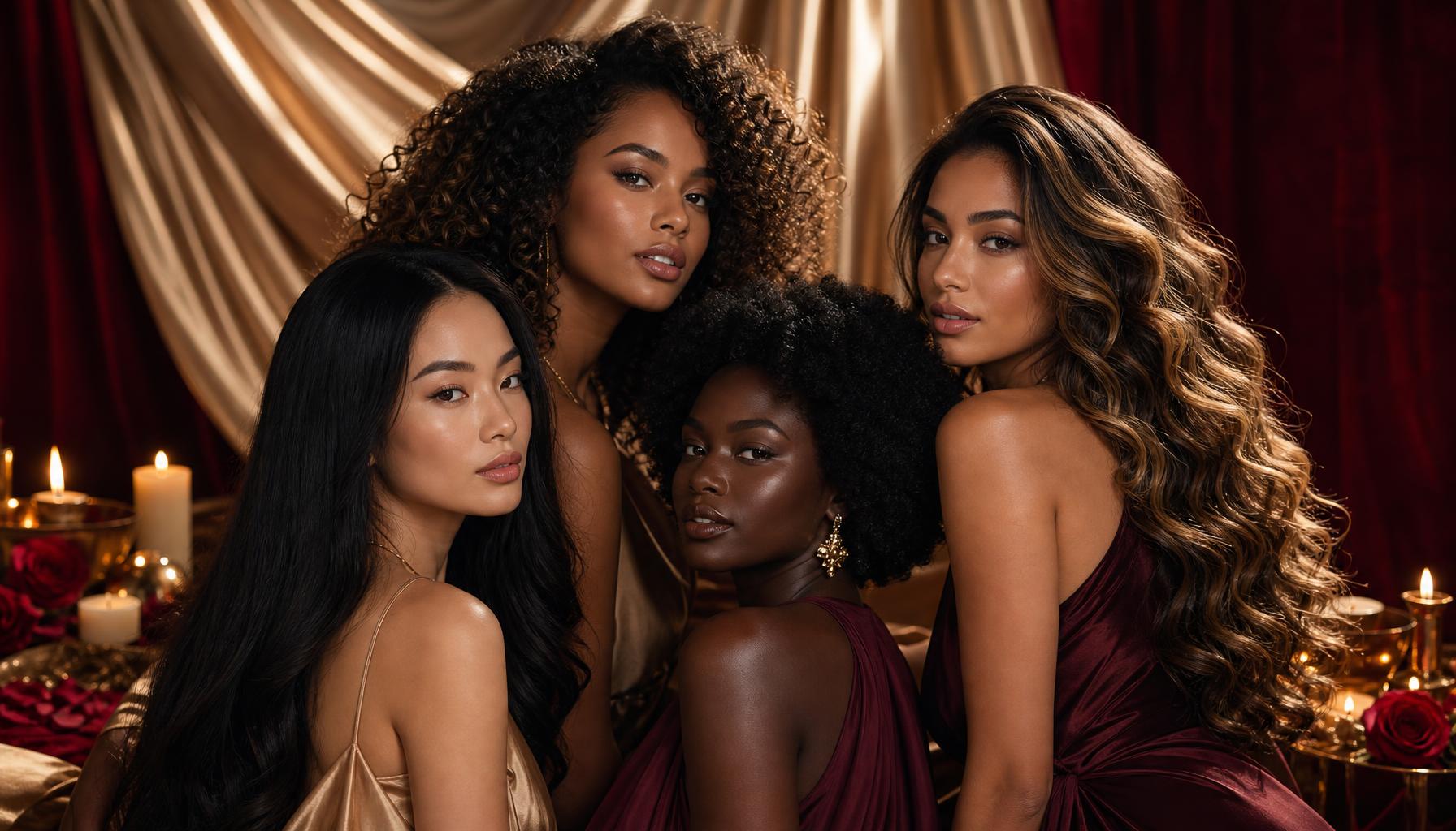 Diverse women with luxurious hair textures in a champagne gold and crimson setting