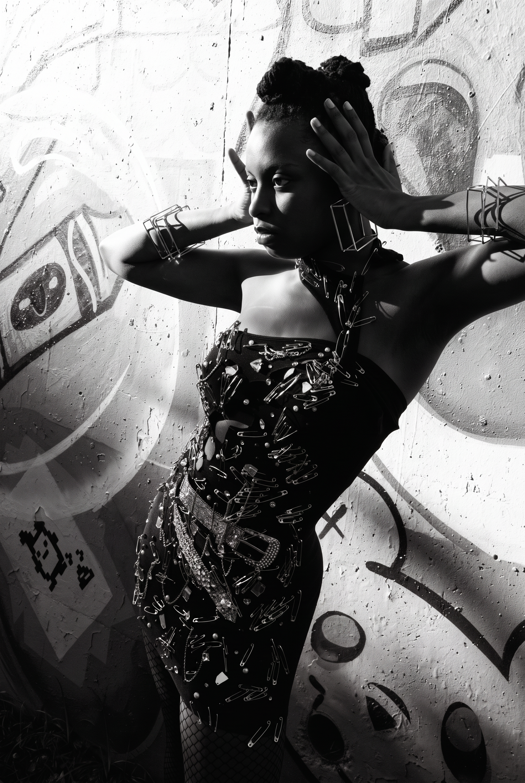 Black-and-white fashion portrait with a sculpted natural updo