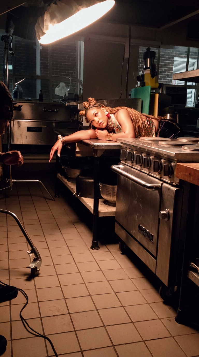 Model with long copper braids posed on an editorial kitchen set