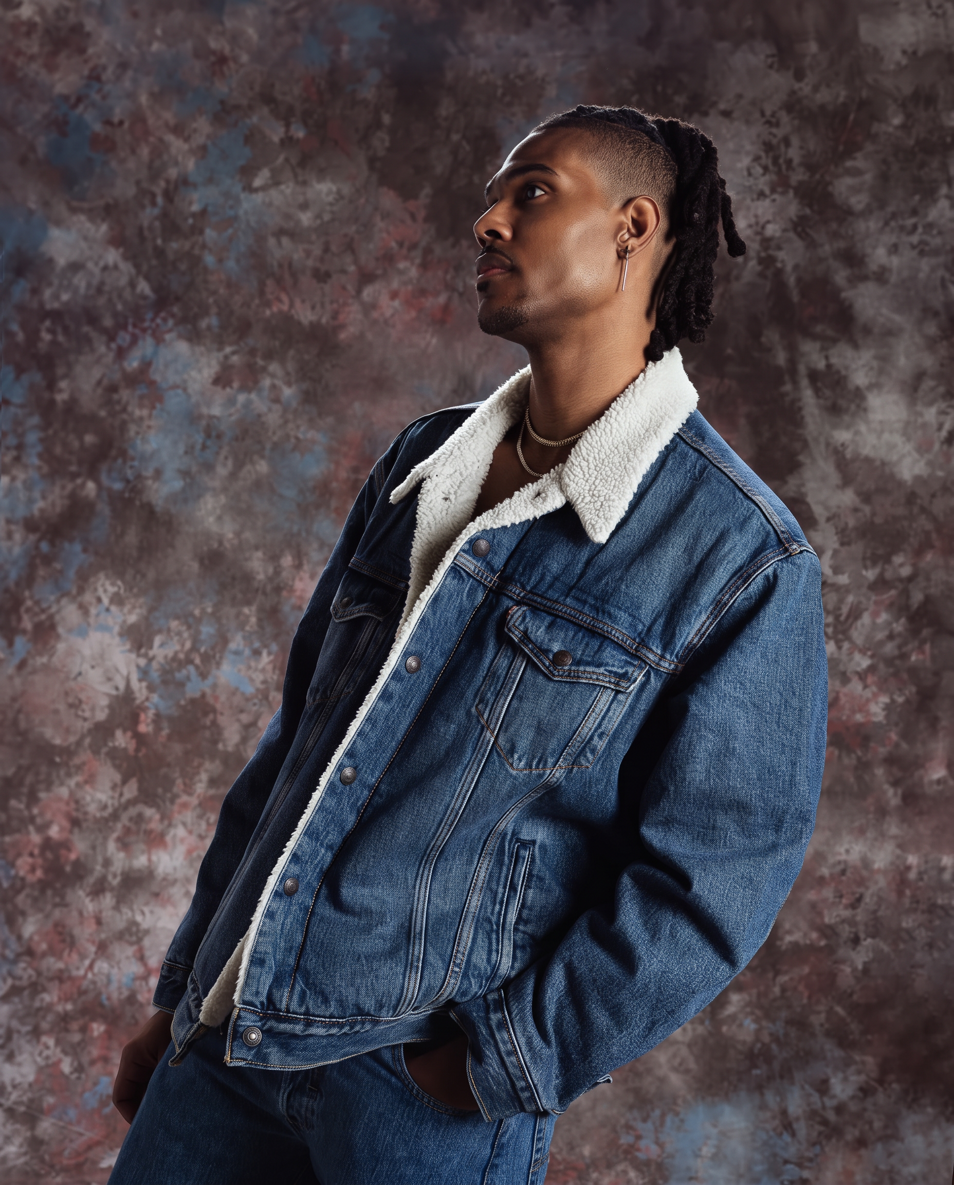 Editorial portrait of a model with shaped locs and shaved sides