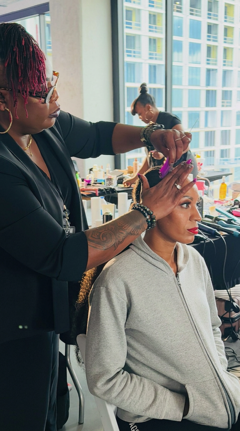 Hairstylist finishing a model's braided look backstage at fashion week